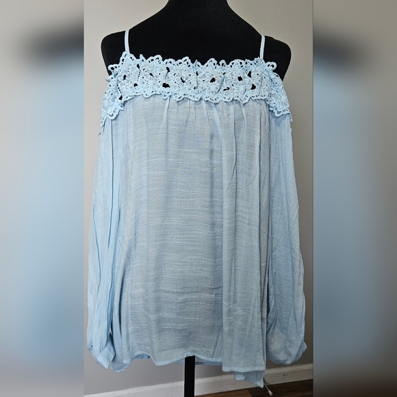 mine Tops - Light Blue Boho Blouse w/ Lace Detail & Adjustable Spaghetti Straps- Size M